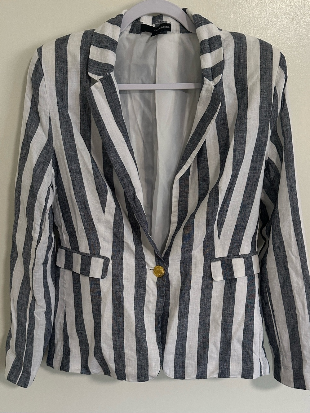 Harve Benard Gray and White Vertical-Stripe Single-Button Blazer Size 8